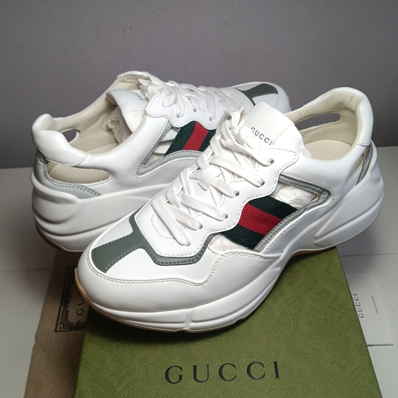 NEW GUCCI RHYTON EVOLUTION CUT-OUT SNEAKERS WHITE WEB LOGO SZ 38.5 - Picture 11 of 16